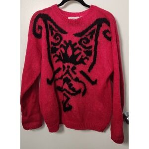 Vintage Hot Pink Black Mohair Blend Sweater Lightweight Thick Knit Crew Neck M/L